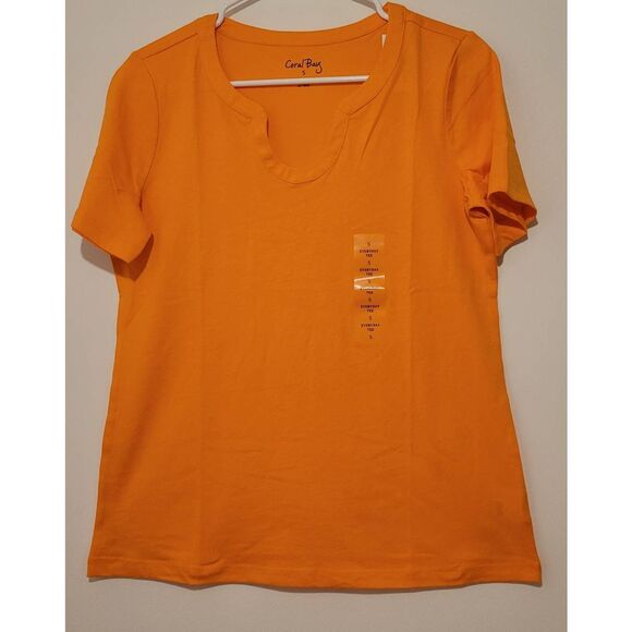 Coral Bay Womens Solid Horseshoe Short Sleeve Top Small Orange - Picture 2 of 10